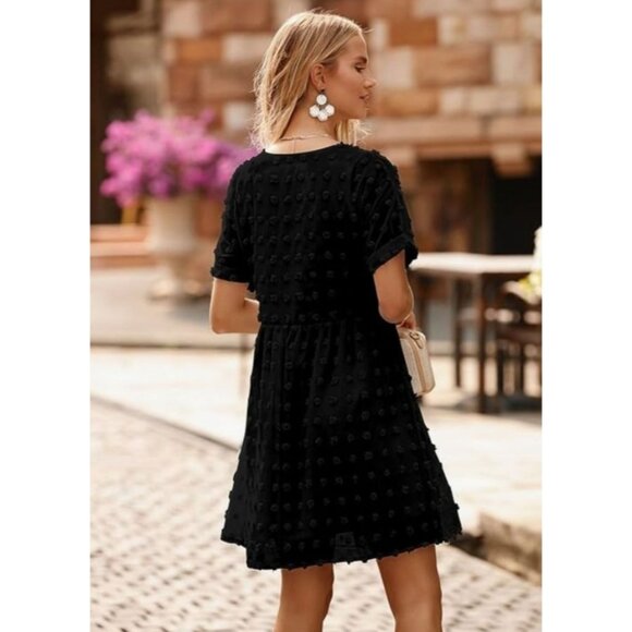 Womens Black Babydoll Short-Sleeve Boho Skater Dress Swiss Dot Pattern Size Med - Picture 2 of 11